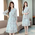 3/4-sleeve Floral-print Midi A-line Chiffon Dress