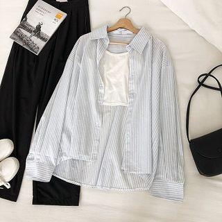 Color-block Striped Long-sleeve Blouse As Shown In Figure - One Size