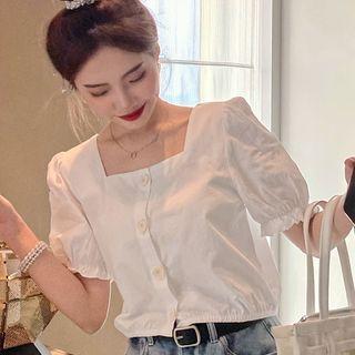 Puff-sleeve Square-neck Buttoned Top