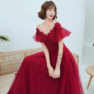 Short-sleeve Off-shoulder Embellished A-line Ball Gown