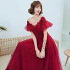 Short-sleeve Off-shoulder Embellished A-line Ball Gown