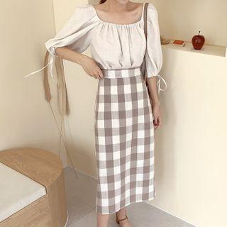 Balloon-sleeve Blouse / Gingham Midi Straight-fit Skirt