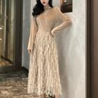 Velvet V-neck Long-sleeve Mesh Dress