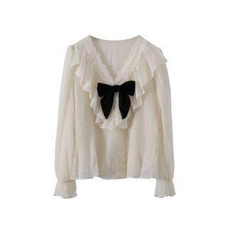 Bow Lace Ruffle Trim Blouse Almond - One Size