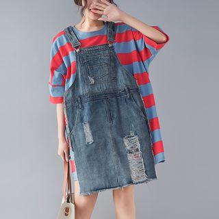 Mock Two-piece Elbow-sleeve Denim Panel Dress