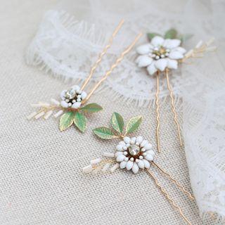 Set Of 3: Wedding Floral Hair Pin White - One Size