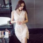 Sleeveless V-neck Hollow Out Lace Dress