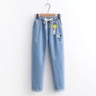 Smiley Face Embroidered Distressed Straight Leg Jeans
