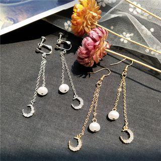 Rhinestone Crescent & Bead Dangle Hook Earrings