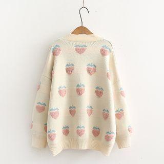 Long-sleeve Strawberry Print Cardigan Beige - One Size