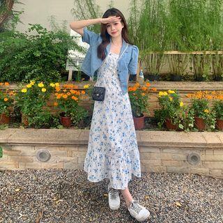 Spaghetti-strap Floral Midi A-line Dress / Short-sleeve Denim Light Jacket