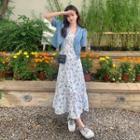 Spaghetti-strap Floral Midi A-line Dress / Short-sleeve Denim Light Jacket