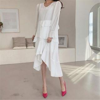 Frilled Chiffon Midi Dress With Sash