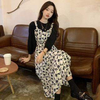 Mock Two-piece Long-sleeve Floral Print Midi A-line Dress Black & White - One Size