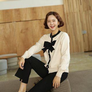 Beribboned Rhinestone-button Piped Cardigan