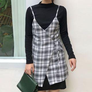 Set: Long-sleeve T-shirt + Plaid Spaghetti Strap Dress