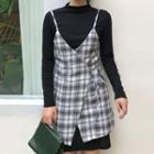Set: Long-sleeve T-shirt + Plaid Spaghetti Strap Dress