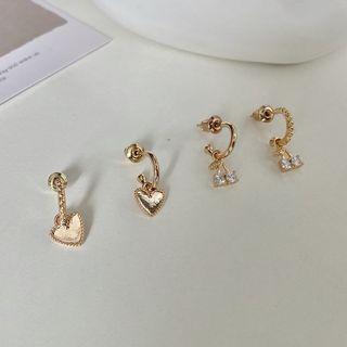 Alloy Heart / Rhinestone Dangle Earring 4 Pcs - Earring - Gold - One Size