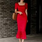 Square-neck Short-sleeve Midi Sheath Dress