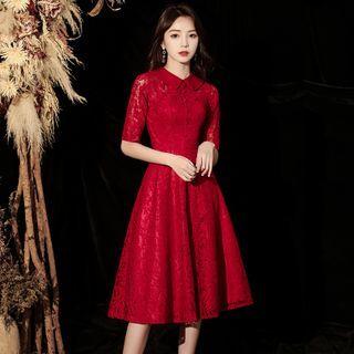 Lace Short-sleeve Collared Midi A-line Dress