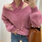Cold Shoulder Lantern-sleeve Sweater Pink - One Size