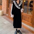 Long-sleeve Lace Ruffle Midi A-line Velvet Dress Black - One Size