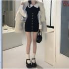 Mock Two-piece Long-sleeve Peter Pan Collar Two-tone Mini Sheath Dress Black & White - One Size