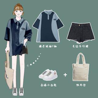 Color Block Short-sleeve Polo Shirt / Denim Shorts