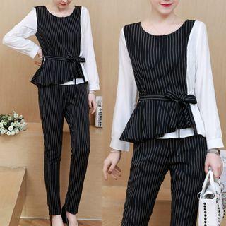 Set: Long-sleeve Ruffle Hem Panel Blouse + Pinstripe Dress Pants