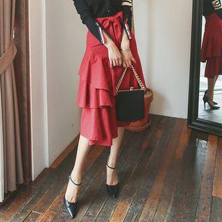 Tie-waist Ruffle-tiered Midi Skirt