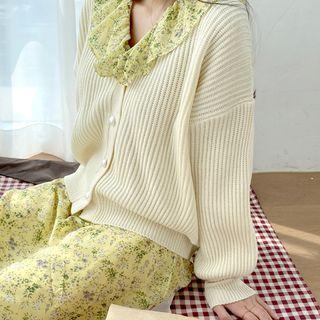 V-neck Drop-shoulder Ribbed Cardigan