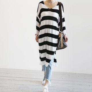 V-neck Slit-side Striped Knit Dress