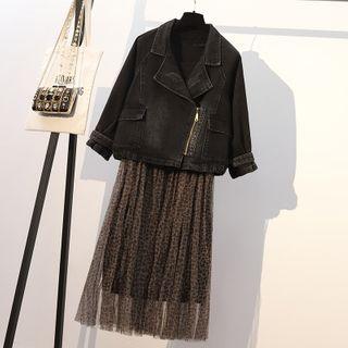 Set: Denim Biker Jacket + Sleeveless Midi A-line Chiffon Dress