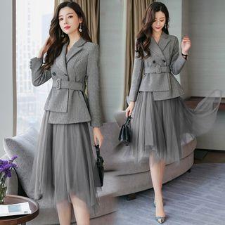 Set: Herringbone Blazer + Spaghetti Strap Midi Mesh Dress