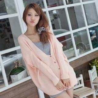 Pocket-accent Long Sleeve Knit Cardigan Light Pink - One Size
