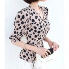 Puff-sleeve Leopard Wrap-front Top With Sash Beige - One Size