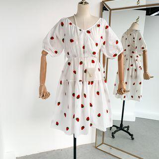 V-neck Strawberry Embroidered Dress White - One Size