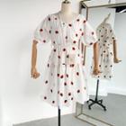 V-neck Strawberry Embroidered Dress White - One Size