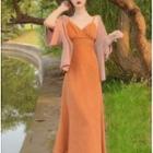Set: Puff-sleeve Long Cardigan + Two-tone Mesh Panel Tube Dress