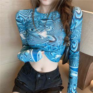 Round-neck Mesh Printed Crop Top As Shown In Figure - One Size