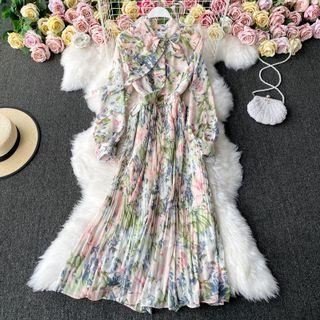 Long Sleeve Tie Neck Floral Print Maxi Dress