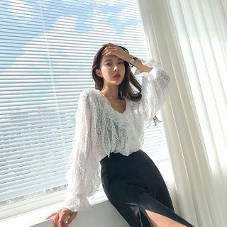 Button-back Frilled Lacy Blouse Ivory - One Size
