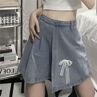 High Waist Bow Accent Asymmetrical Denim A-line Skirt