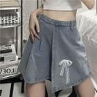High Waist Bow Accent Asymmetrical Denim A-line Skirt