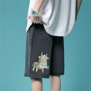 Cartoon Print Denim Straight Leg Shorts