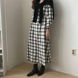 Plaid Midi Shirt Dress White - One Size