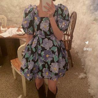 Short-sleeve Floral A-line Dress Purple & Black - One Size