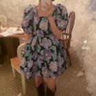 Short-sleeve Floral A-line Dress Purple & Black - One Size