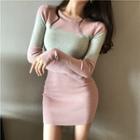 Color Block Long-sleeve Sheath Knit Dress As Shown In Figure - One Size