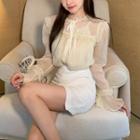 Puff-sleeve Ruffled Blouse / Camisole Top / Pencil Skirt